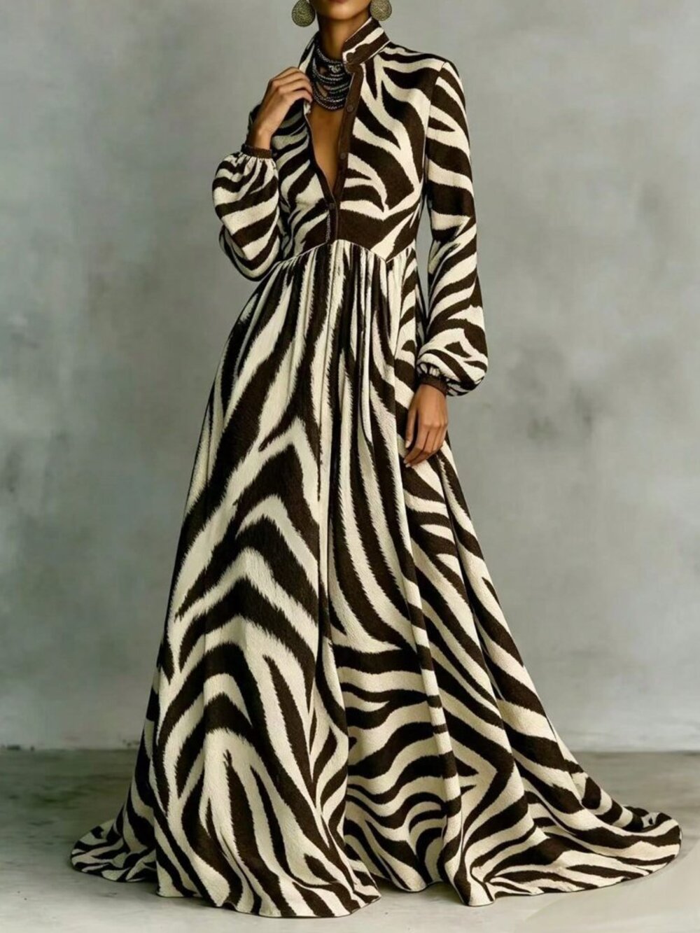 Brown Casual Women's Belted Pocket Roll Up Sleeve High Waist A-Line Maxi Dress - Picture 4 of 5